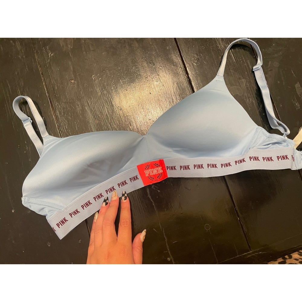 PINK by Victoria's Secret Wireless Lightly Lined Bra Blue Logo Band Size 32DD